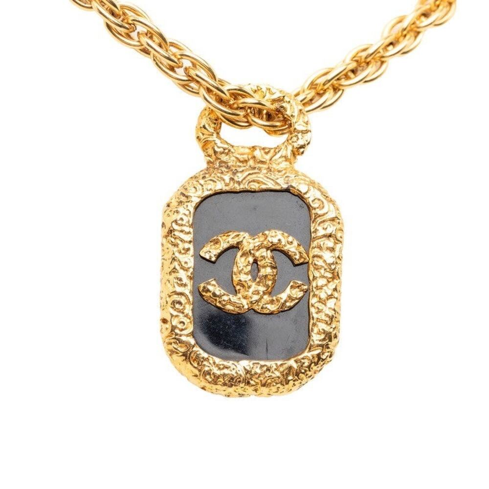 Chanel CC Logo Logo Plate Chain Pendant Necklace Gold Black Plated